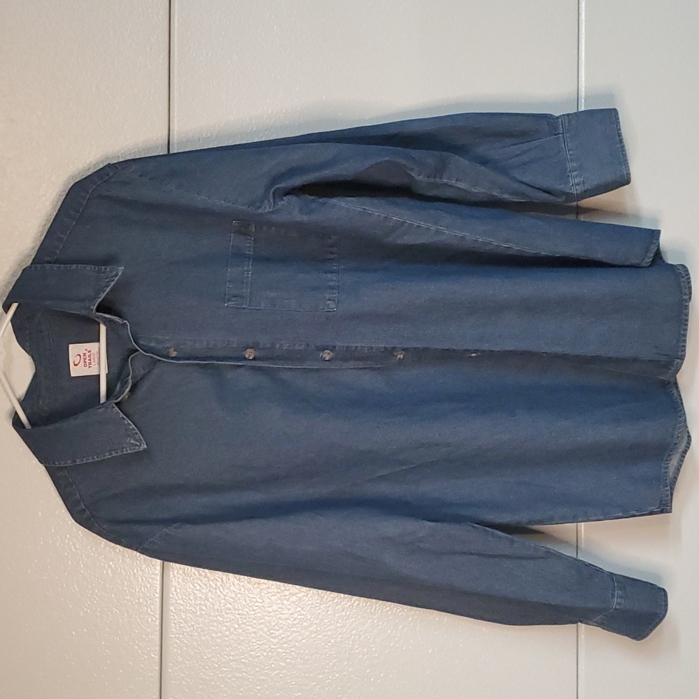 Open Trails Dark Blue Button Up Denim Shirt  Jacket With Front Pocket Oversize